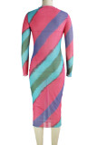Rose Red Sexy Gradual Change Striped Print Patchwork O Neck Pencil Skirt Dresses