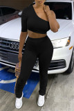 White Sexy Casual Patchwork Backless One Shoulder Short Sleeve Two Pieces
