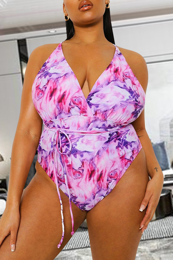 Purple Fashion Sexy Print Backless Swimwears
