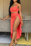 Tangerine Red Sexy Solid Patchwork U Neck Sleeveless Two Pieces