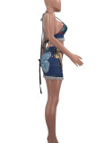 The cowboy blue Casual Print Tassel Patchwork Halter Sleeveless Two Pieces