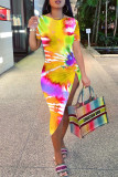 Colour Fashion Casual Print Tie Dye Asymmetrical O Neck Short Sleeve Dress