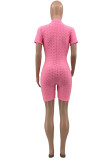 Pink Fashion Casual Solid Basic Zipper Collar Regular Romper