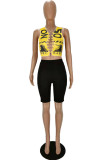 Yellow Sexy Print Bandage Hollowed Out Asymmetrical O Neck Sleeveless Two Pieces