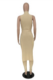 Khaki Sexy Casual Solid Hollowed Out Slit O Neck Sleeveless Two Pieces