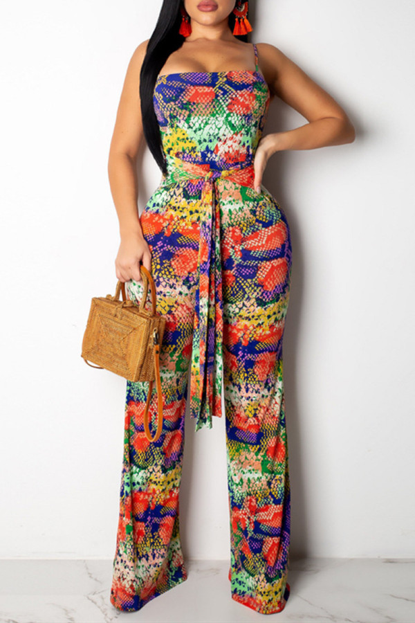 Multicolor Fashion Sexy Print Backless Spaghetti Strap Regular Jumpsuits