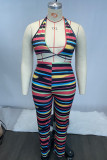 Colour Fashion Sexy Striped Print Bandage Backless Halter Plus Size Two Pieces