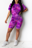 Colour Casual Print Patchwork O Neck Short Sleeve Two Pieces