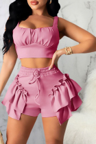 Pink Sexy Solid Flounce Spaghetti Strap Sleeveless Two Pieces