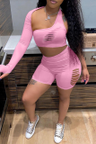 Pink Sexy Solid Patchwork One Shoulder Long Sleeve Two Pieces