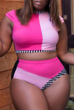 Pink Sexy Print Split Joint O Neck Plus Size Swimwear