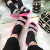 Rose Red Fashion Casual Split Joint Rhinestone Flats Slippers