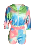 Multicolor Casual Patchwork Tie-dye Hooded Collar Three Quarter Two Pieces