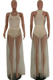 Beige Fashion Sexy Solid See-through U Neck Sleeveless Two Pieces Swimwears