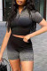 Black Casual Gradual Change Print Patchwork Mandarin Collar Short Sleeve Two Pieces