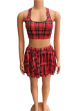 Red Fashion Casual Plaid Print Vests O Neck Sleeveless Two Pieces