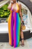 Rainbow Color Sexy Striped Patchwork Halter Sleeveless Two Pieces