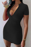 Black Fashion Casual Solid Basic Zipper Collar Short Sleeve Dress