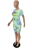 Pink Casual Patchwork Tie-dye O Neck Short Sleeve Two Pieces