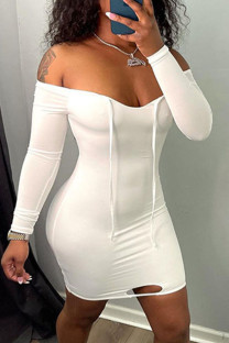 White Sexy Solid Hollowed Out Split Joint Frenulum Off the Shoulder Pencil Skirt Dresses