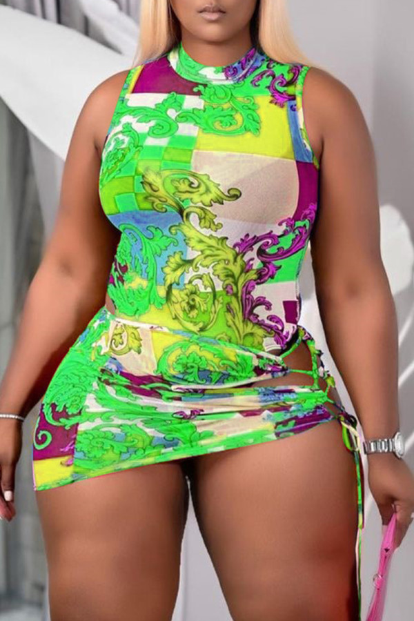 Green Fashion Sexy Print Basic O Neck Sleeveless Two Pieces