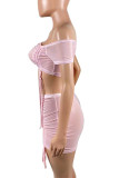 Pink Sexy Solid Patchwork Draw String Fold Off the Shoulder Short Sleeve Two Pieces