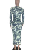 Blue Casual Camouflage Print Bandage Split Joint O Neck Pencil Skirt Dresses