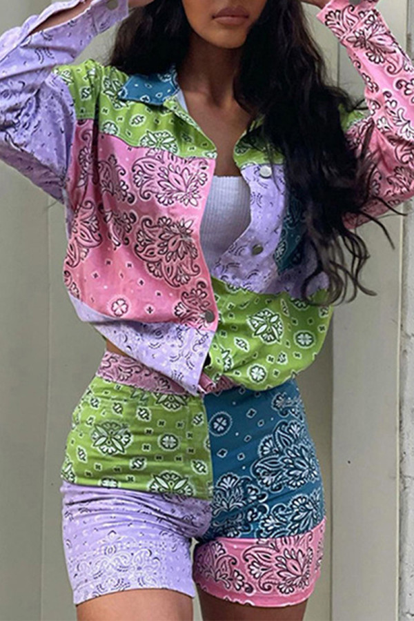 Multicolor Street Print Patchwork Turndown Collar Long Sleeve Two Pieces