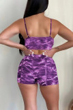 Purple Sexy Print Patchwork Asymmetrical Spaghetti Strap Sleeveless Two Pieces