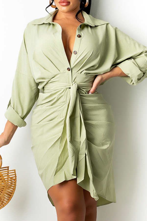 Green Casual Solid Patchwork Turndown Collar Shirt Dress Dresses