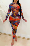 Multicolor Sexy Print Hollowed Out Split Joint Draw String O Neck Pencil Skirt Dresses
