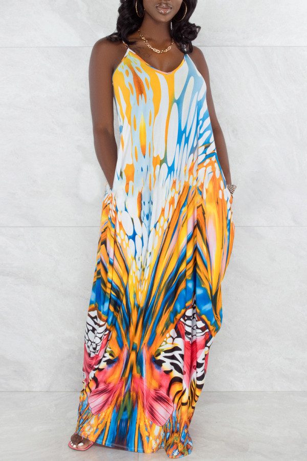 Yellow Fashion Sexy Print Backless Spaghetti Strap Sleeveless Dress
