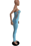 Blue Sexy Solid Patchwork Strapless Skinny Jumpsuits