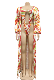 Rose Red Sexy Print Hollowed Out Patchwork Swimwears
