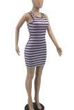 Purple Casual Striped Print Patchwork O Neck A Line Dresses
