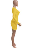 Yellow Casual Solid Split Joint V Neck A Line Dresses