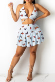 Blue Red Fashion Sexy Print Backless Strap Design Halter Sleeveless Two Pieces