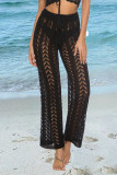 Apricot Sexy Solid Hollowed Out Loose Mid Waist Wide Leg Solid Color Bottoms
