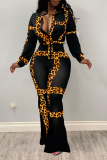 Leopard Print Sexy Print Patchwork Mandarin Collar Long Sleeve Two Pieces