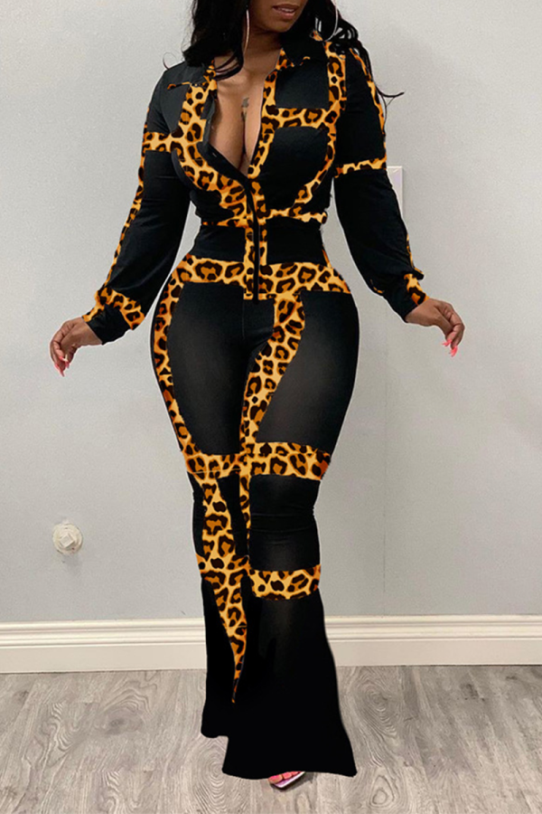 Leopard Print Sexy Print Patchwork Mandarin Collar Long Sleeve Two Pieces