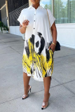 White Casual Print Patchwork Turndown Collar Shirt Dress Dresses
