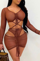 Coffee Sexy Solid Mesh V Neck Long Sleeve Two Pieces