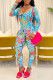 Light Blue Fashion Print Basic O Neck Long Sleeve Two Pieces