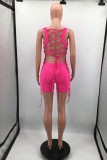 Blue Fashion Sexy Solid Backless Strap Design Square Collar Skinny Romper