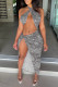 Grey Sexy Print Hollowed Out Backless Slit Halter Sleeveless Dress