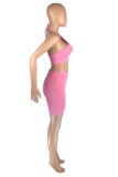 Pink Fashion Casual Solid Backless Halter Sleeveless Two Pieces