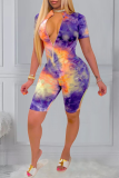 Blue Sexy Striped Tie-dye Zipper Collar Skinny Rompers