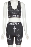 Black Casual Print Patchwork V Neck Sleeveless Two Pieces