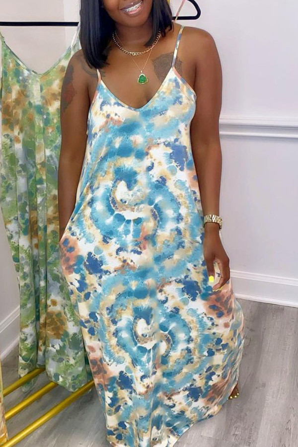 Blue Sexy Print Patchwork Spaghetti Strap Sling Dress Dresses