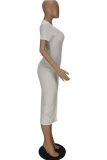 White Sexy Solid Buckle V Neck Pencil Skirt Dresses
